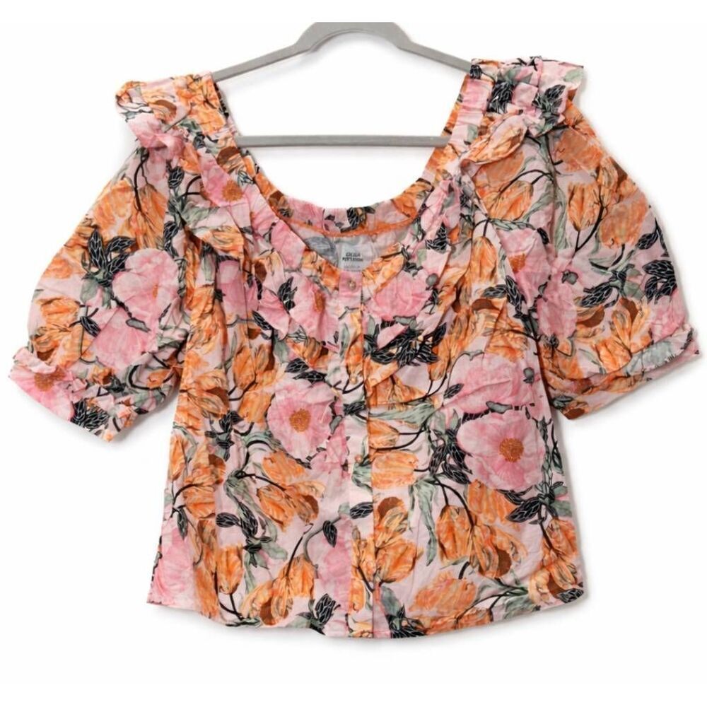 Cecilia pettersson anthro womens xl off shoulder top floral blouse orange pink